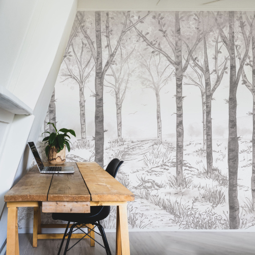 Papel pintado panoramico De bosque de abedules - Colección Noëmie Krey - Acte-Deco