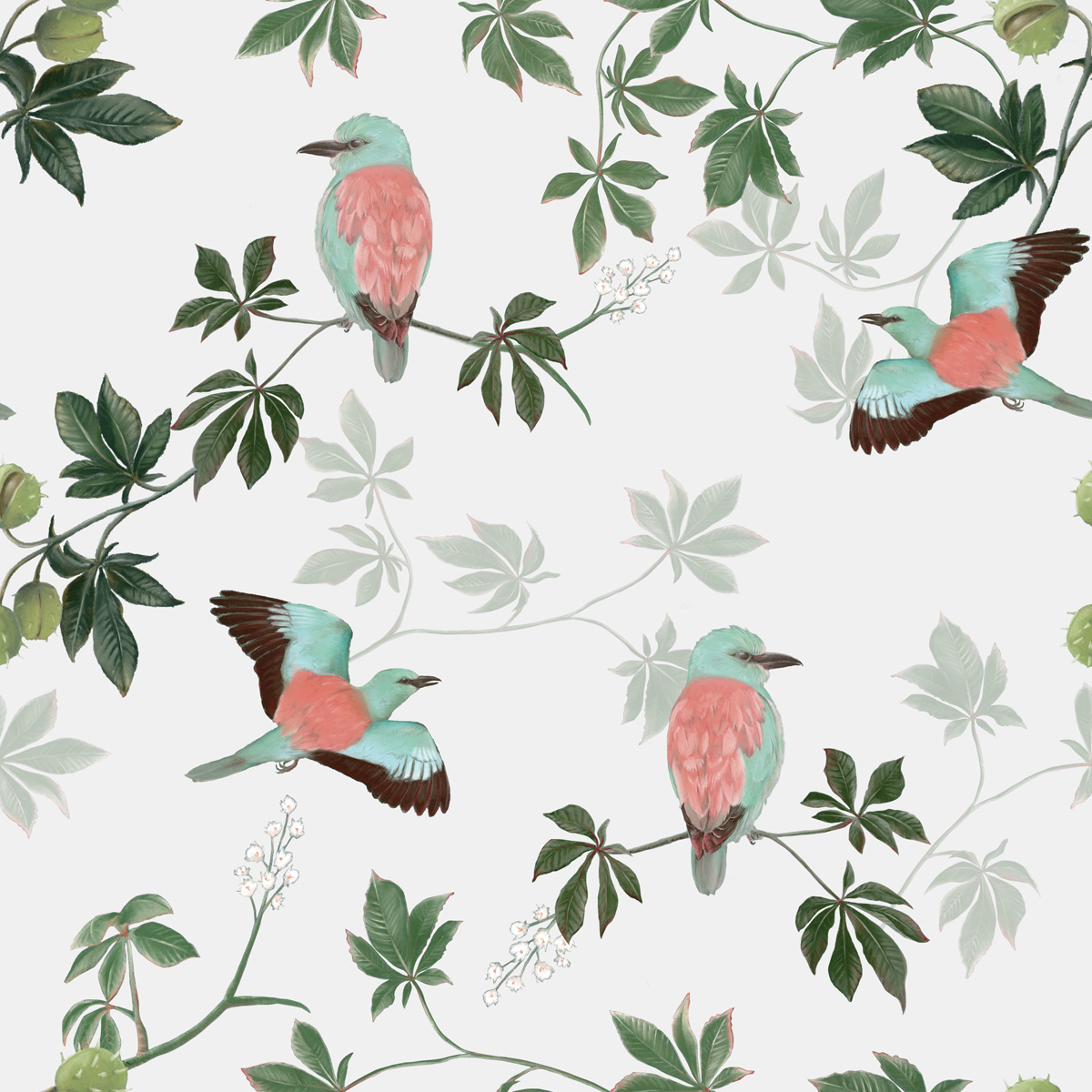 Papier peint panoramique Motif oiseaux sous les marronniers - Collection Jessica LE DIVENAH - Acte-Deco