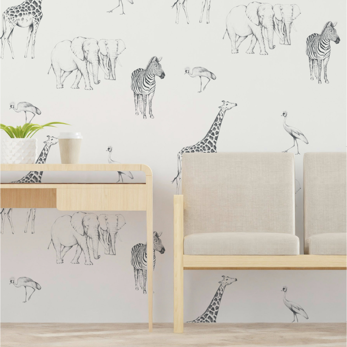 Carta da parati con motivo animali della savana  - Collezione Lulu au crayon - Francia Acte-Deco