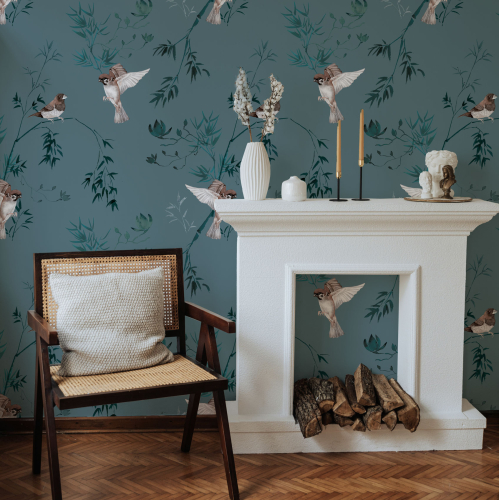 Panoramic wallpaper Japanese sparrows - Jessica Le Divenah Collection - Acte-Deco