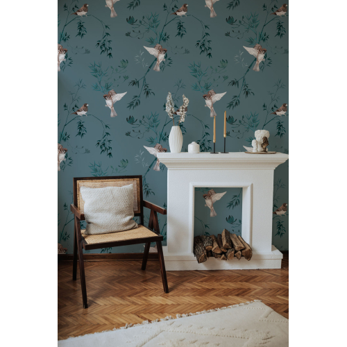 Panoramic wallpaper Japanese sparrows - Jessica Le Divenah Collection - Acte-Deco