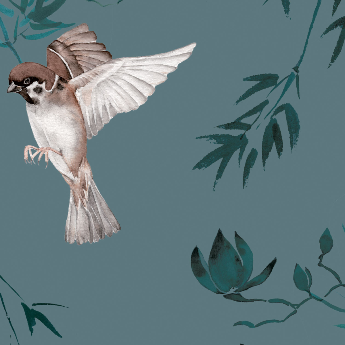 Panoramic wallpaper Japanese sparrows - Jessica Le Divenah Collection - Acte-Deco