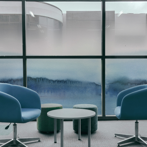 Glazing films and window coverings enhance glazed spaces.