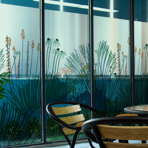 Glazing films and window coverings enhance glazed spaces.