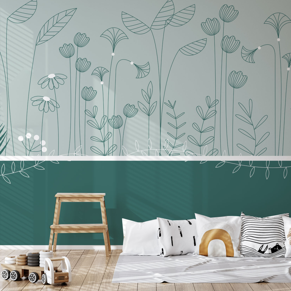 Panoramic wallpaper climbing flowers with wainscoting - Collection La Petite Emi - ACTE-DECO