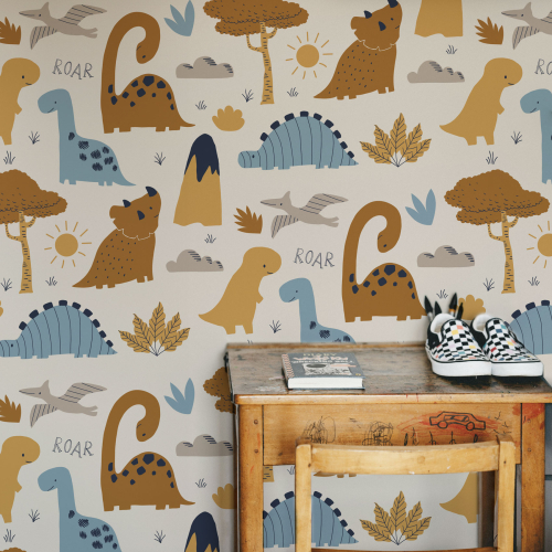 Papel pintado panorámico con pequeños dinosaurios - Colección Émilie Gauvrit - Acte-Deco