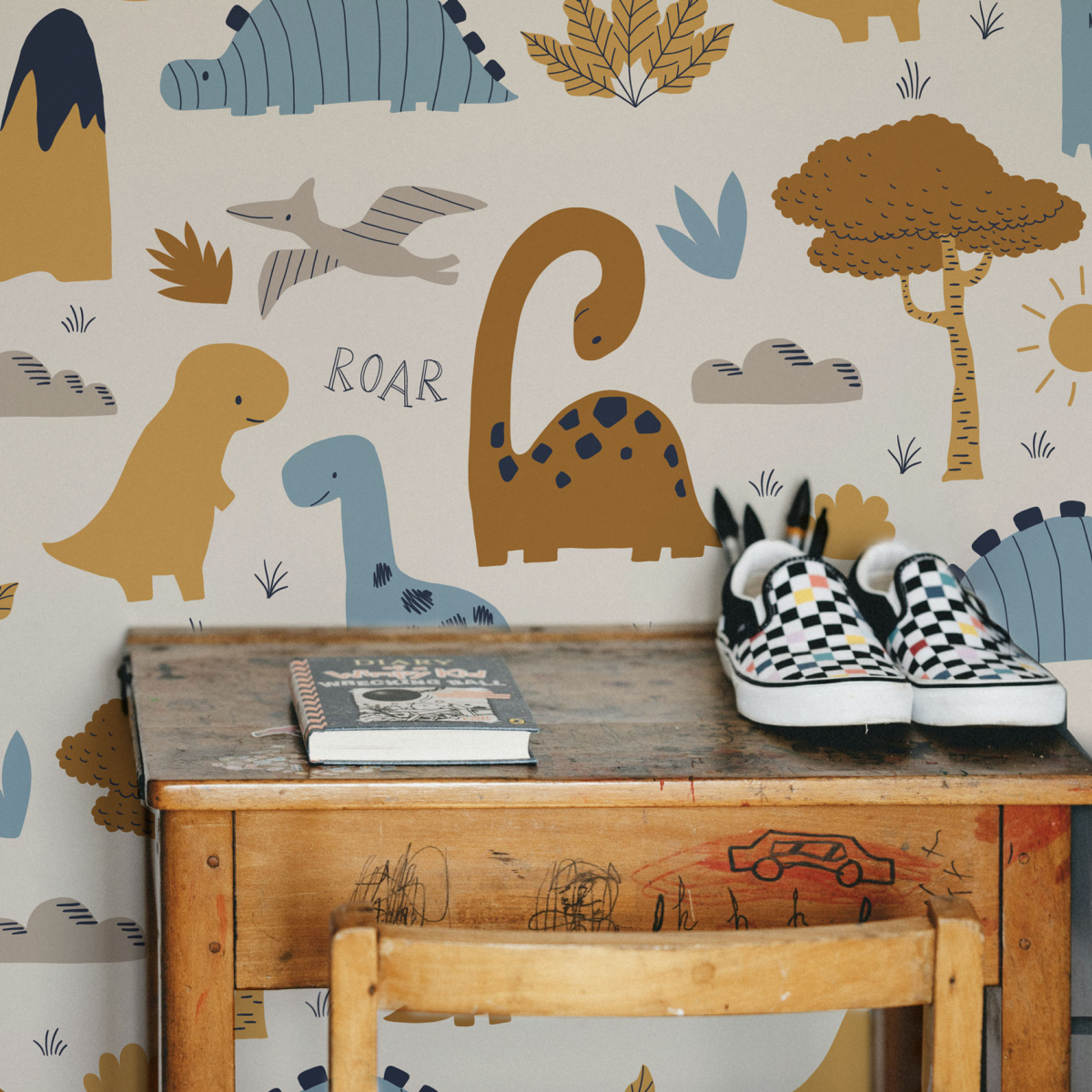 Panoramic wallpaper with small dinosaurs - Collection Émilie Gauvrit - Acte-Deco