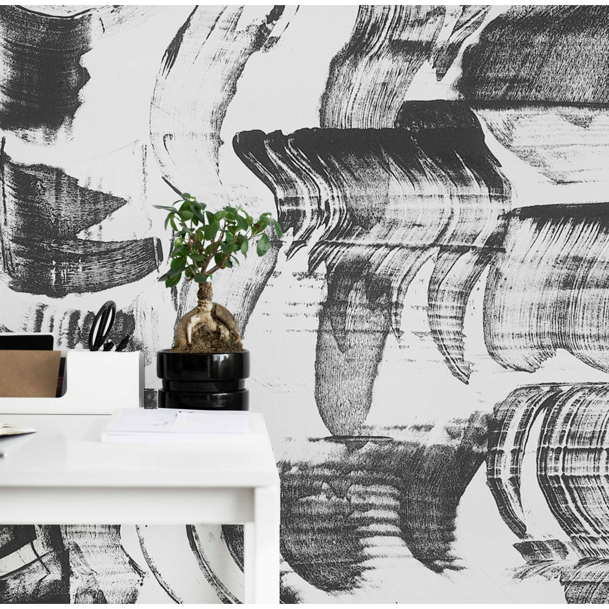 Panoramic abstract wallpaper with ink designs - Collection Nadia Barbotin - Acte-Deco